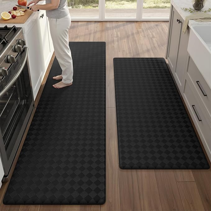 Color&Geometry Checkered Kitchen Mat 24x59+24x87 for Floor,Wide Set/2,Black | Waterproof&Oil Proof, Easy Clean Kitchen Rug For Large/Busy Homes, Anti Fatigue 0.4in Cushion For Long Standing, Non Slip