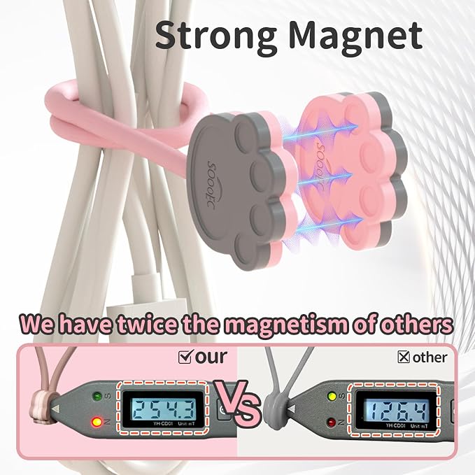 SOOOEC Magnetic Cable Ties 32 Pack, Dual-Color Cat Paw 7.2" Silicone Ties | Strong Magnet Hold / Embedded Safe Magnet / Easy Slide Open / Flex Silicone / Dual-Color Cat Paw / Multi Use / Fridge Magnet