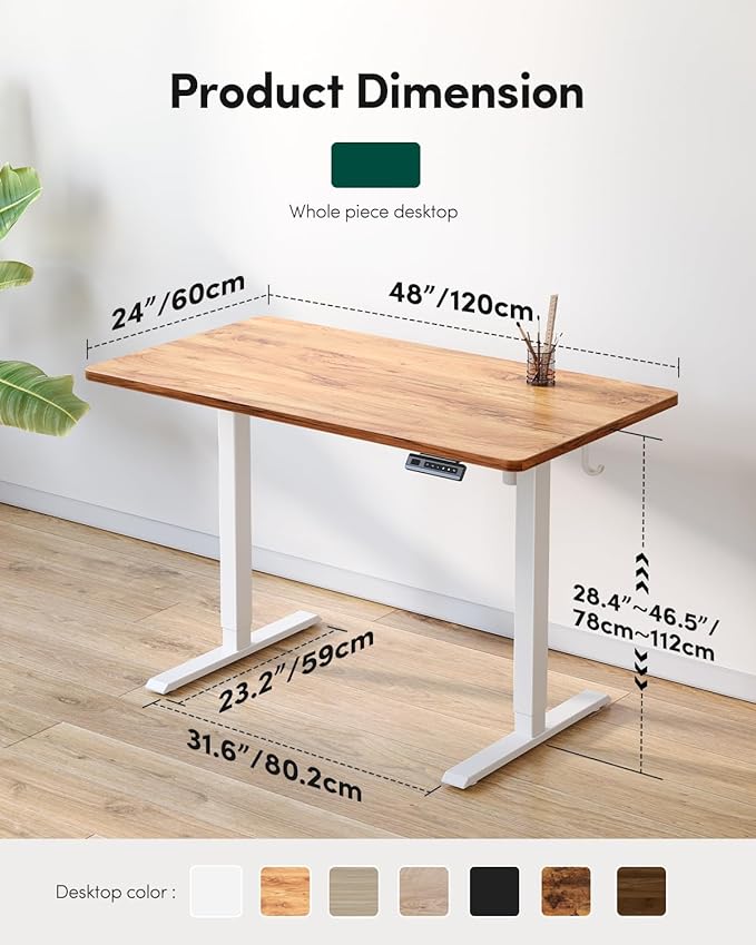 CubiCubi 48 x 24 Large One-Piece Standing Desk, Adjustable Height Electric Computer Home Office Sit Stand up Workstation, with 4 Memory Presets, Headphone Hook, Light Vintage