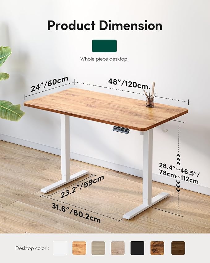 CubiCubi 48 x 24 Large One-Piece Standing Desk, Adjustable Height Electric Computer Home Office Sit Stand up Workstation, with 4 Memory Presets, Headphone Hook, Light Rustic