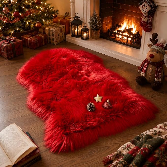 EasyJoy Ultra Soft Faux Fur Rug Fluffy Sheepskin Rug for Bedroom Living Room Sofa Bedside Floor(2 x 3 ft Sheepskin, Red)
