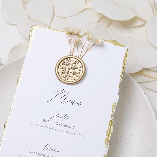 UNIQOOO Wax Seal Stickers - 3D Floral Wedding Invitation Envelope Seal Sticker, 50 Pcs Self- Adhesive Prosecco Metallic Light Gold Flower Stickers, Perfect for Invitation, Christmas, Gift Wrapping