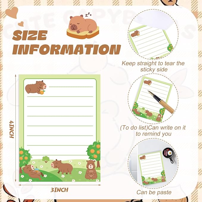 12 Pack Capybara Sticky Notes Gifts Cute Sticky Notes 3x4 Funny Gifts for Capybara Lovers Cartoon Notepads Animals Memo for Women Men Office Supplies Home Christmas Favors