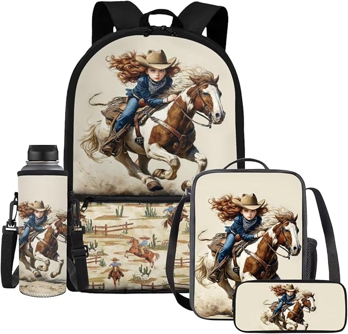 WELLFLYHOM Girls Western Cowgirl Backpack Set 6-8 Kids 4 Pcs Book Bag | Horse School Book Bag Lunch Box Pencil Case Water Bottle Sleeve Beige Elementary Daycare Bag for School Back to School Gift
