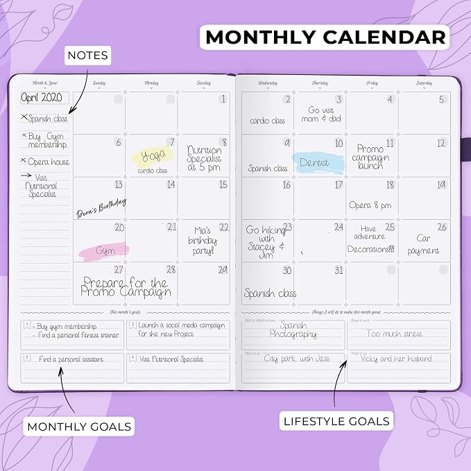 GoGirl Planner PRO Schedule - Undated Planner with Hourly Time Slots, Monthly, Weekly & Daily Organizer, Appointment Book for time Management, 7"x10" Hardcover, Lasts 1 Year - Purple