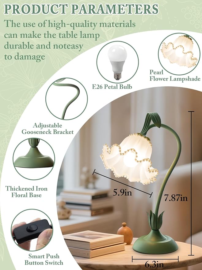 AQDZCNF Flower Table Lamp,LED Reading Light Bedside Vintage Flower Night Light,3 Colors Modes Kawaii Bedside Lamps Decor,Living Room Bedroom Room Lighting Table Lamps Home Decoration (Green Pearls)