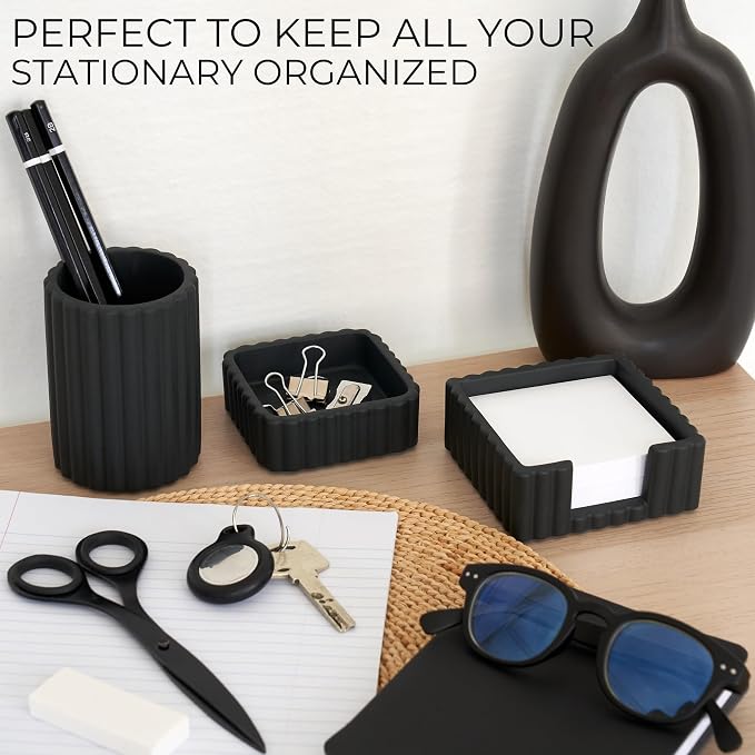 Aesthetic Desk Organizer Set of 3 For Your Office - Sturdy Concrete Desktop Accessories For Women Enhance Any Office Decor - Set incl. Pen Holder, Paperclip Storage & Sticky Note Holder for Teacher