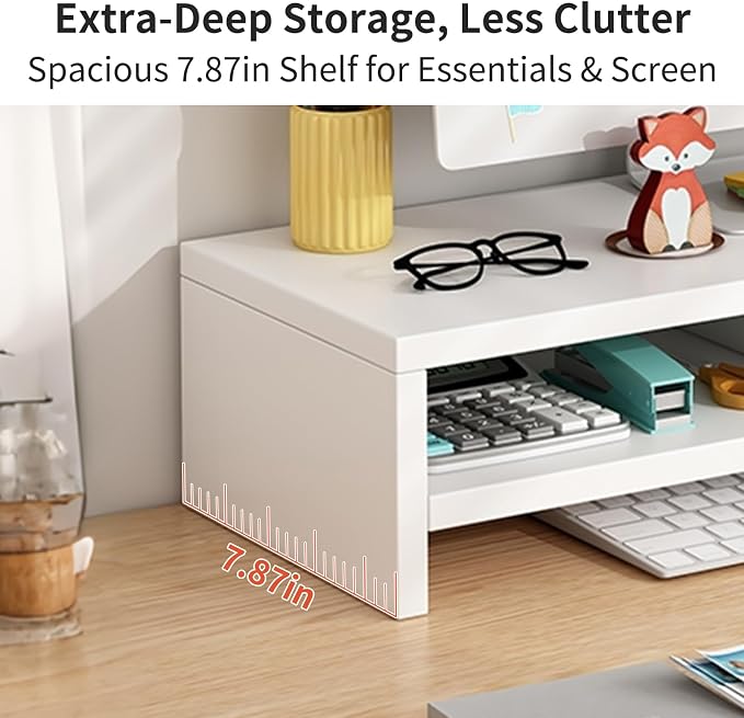 Monitor Stand for Desk, Wooden Computer Monitor Riser with Storage, 2-Tier Desktop Monitor Stand, Laptop Stand for Home Office, Study Desk, White, 19.5 Inches