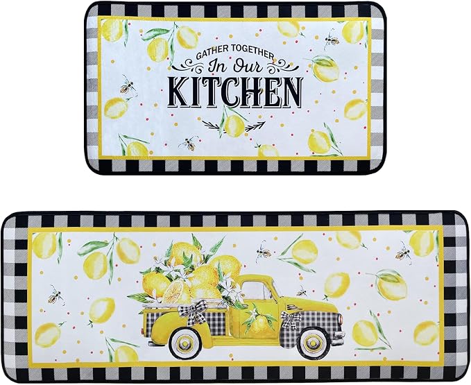 Voanos Lemon Kitchen Rugs,Non Skid Washable Microfiber mats for Kitchen Floor, Lemon Truck Theme Kitchen Cushioned Runner Rug Decor Sets of 2 Pieces,17"x 47"+17"x 30"