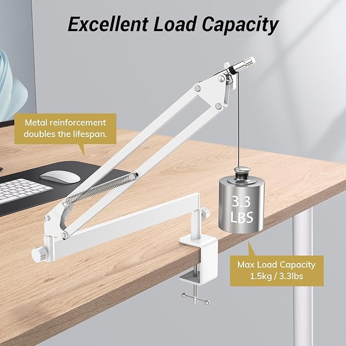 Tonor Mic Arm Desk Mount, Low Profile Boom Arm for Microphone, Adjustable Mic Stand with Desk Mount Clamp, 3/8’’ and 5/8’’ Screwadapter for Most Micr, 38 cm +35 cm(15''+14''), White, T20LP