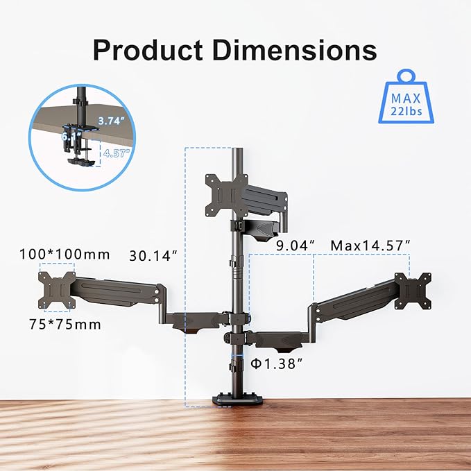 Pholiten Triple Monitor Stand, Mount for 3 Screens up to 32 inches & 22lbs Each, Full Motion Gas Spring Monitor Arm with Clamp Mounting, for Desktops, Computer Monitors