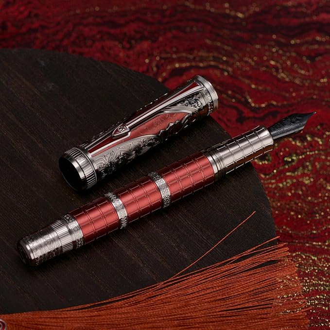 Hongdian D5X Fountain Pen Red Color Medium Nib, Qin Dynasty Retro Chinese Totem Engraving Smooth Writing Pen with Converter and Pen Box Set