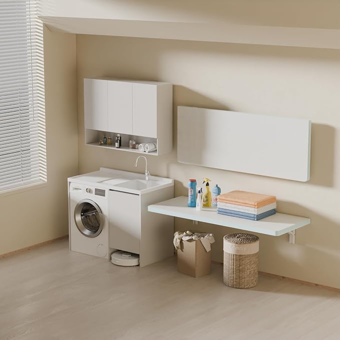 IAE Wall Mounted Folding Table with Pine Wood,36" x 14" Floating Wall Desk,Laundry Folding Table with Shelf Brackets,Fold Down Desk Shelf,Fold Workbench for Apartments,Home,Laundry Room,Kitchen,White