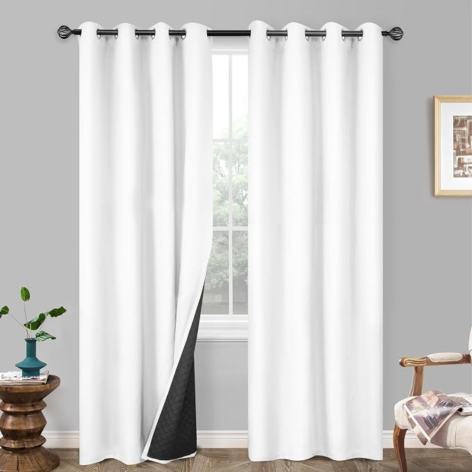 DriftAway Blackout Soundproof Thermal Insulated Linen Textured Curtains with Quilted Thermal Lining for Cold and Heat Blocking Noise Reducing Daytime Sleep 1 PC 52 Inches by 96 Inches White