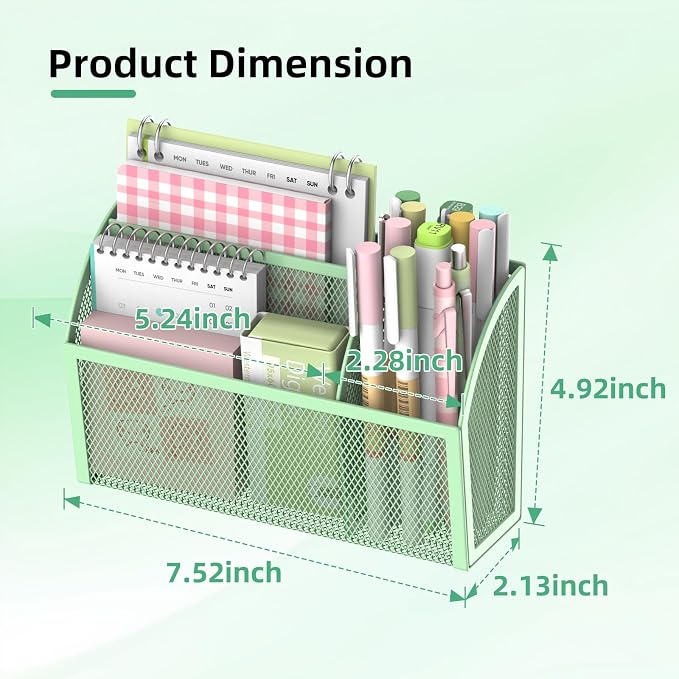 DALTACK Magnetic Pencil Holder - 3-Grid Mesh Shelf for Whiteboard, Refrigerator & Locker - Organizer for Home, School & Office, Mint Green