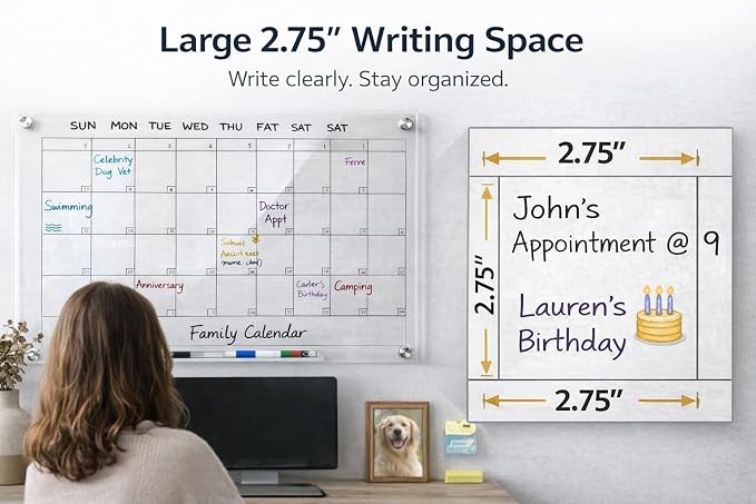 Large 28x20 Acrylic Wall Calendar – Clear Dry Erase Monthly Planner for Wall – Family Command Center for Home, Office & Kitchen – Reusable Acrylic Calendar with Markers & Accessories