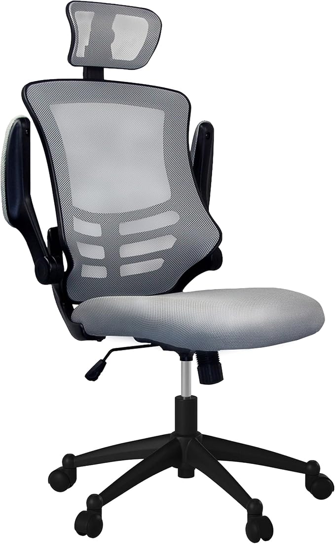 Techni Mobili High-Back Mesh Office Chair with Headrest,Recline,Silver Grey | Executive mesh office chair, adjustable headrest, flip-up arms, recline control, height adjustable, swivel chair, ergonomic