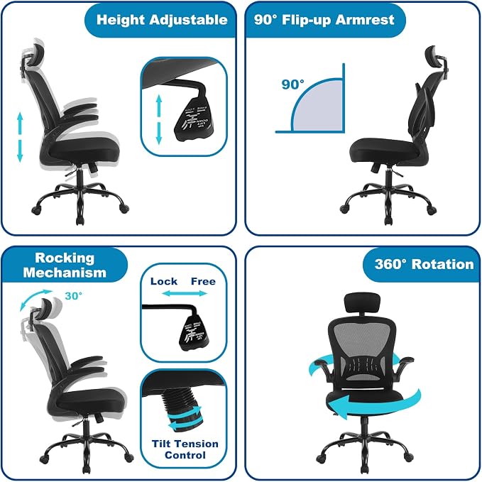 Youhauchair Adjustable Mesh Ergonomic Office Chair with Wheels, Black | Flip-up Arm, Lumbar Support, Height Adjustable, Breathable, Rocking, Mid Back Swivel Compurter Chair with Headrest, Set of 1