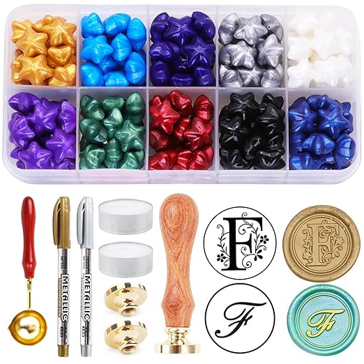 Wax Seal Kits, 200pcs Assorted Sealing Beads and 2pcs Initial Alphabet F Wax Seal Stamp for Wedding Invitations Gift Wraps Envelopes and Christmas Cards (Alphabet F Kit)