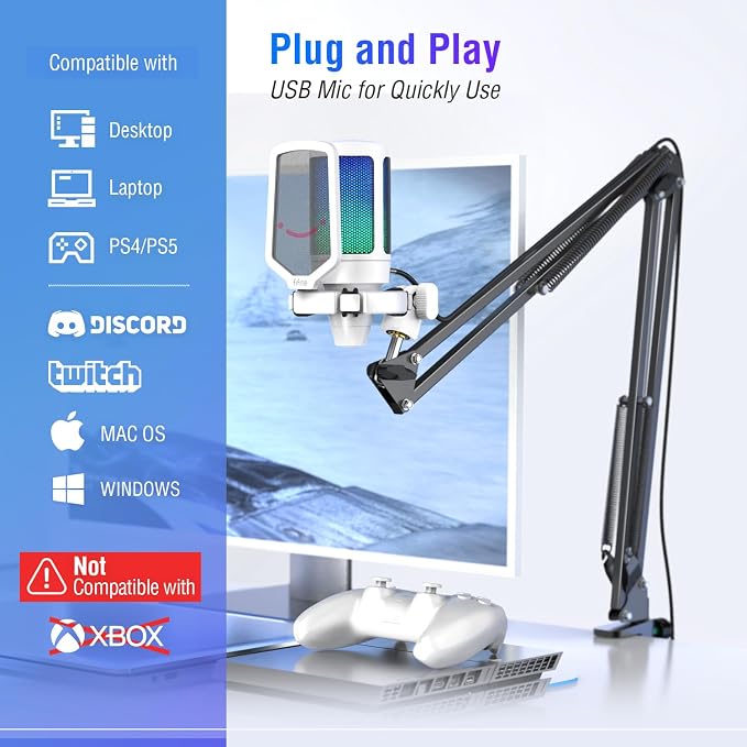 FIFINE Streaming Gaming USB Microphone Kit, PC Condenser RGB Mic Compatible with PS4/PS5, Plug and Play for Music Recording, Online Game, Discord, Twitch, with Pop Filter, Shock Mount-A6T White