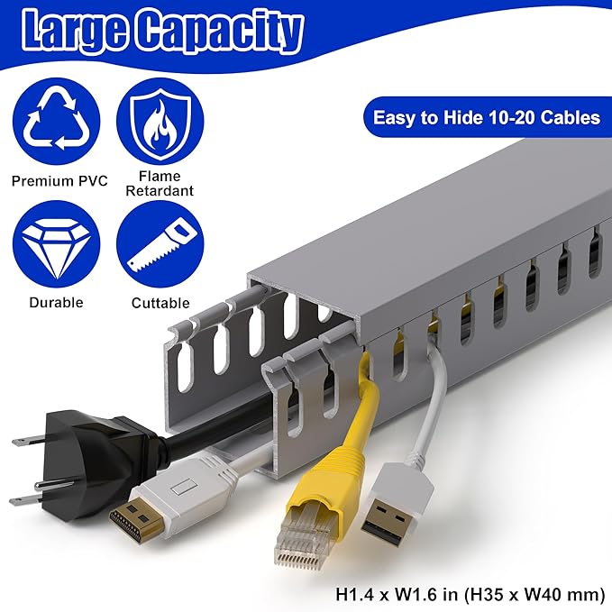 1.4"H x 1.6"W Cable Raceway, 99in Under Desk Wire Management Channel, Grey | Slotted Wire Duct, 6Pack, 16.5in Each, Heavy-Duty PVC Cable Management for Server Racks, Network Cables & Electrical Cabinets