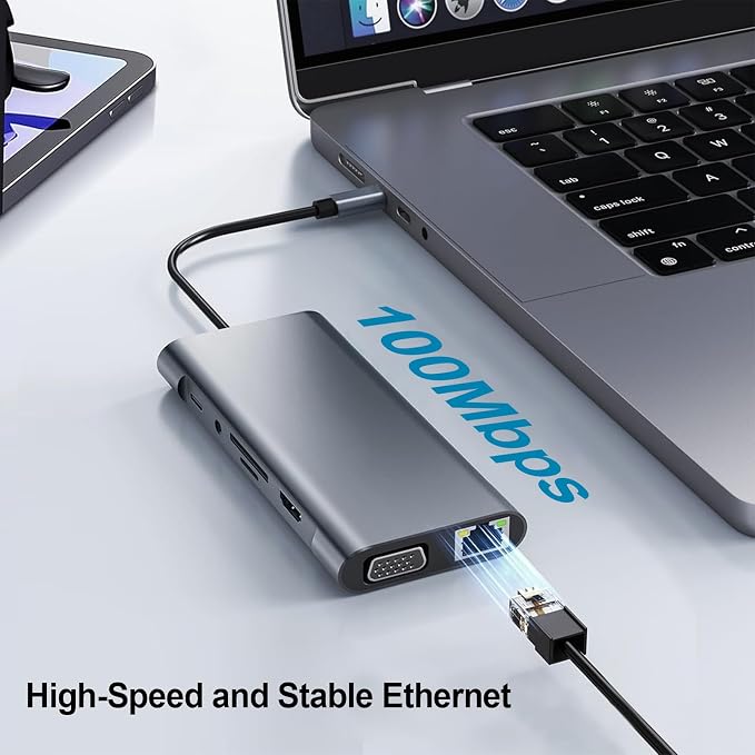 USB C Hub Multiport Adapter, 11 in 1 USB C Docking Station with 4K HDMI, 1080P VGA, 100W PD, USB 3.0, RJ45 Ethernet, TF/SD Card Reader, 3.5mm Audio, USBC Dongle for MacBook Pro/Air, Windows, Laptops