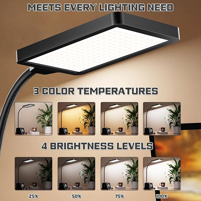 cozoo LED Desk Lamp for Home Office, 15W Bright Desk Light with Wireless Charger Pen Holder, Gooseneck Small Table Lamp for Bedroom, Study, Reading, Work, Task, Craft, College Dorm Room Accessories