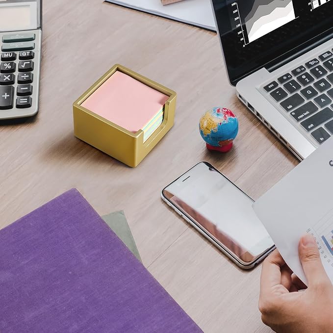 Wood Sticky Note Holder, 3 x 3 Inch Post It Note Dispenser for Office Desk Accessories, Self Stick Note Pad Holder, Memo Pad Holder Dispenser Organizer for School Office Desk Supplies, Gold