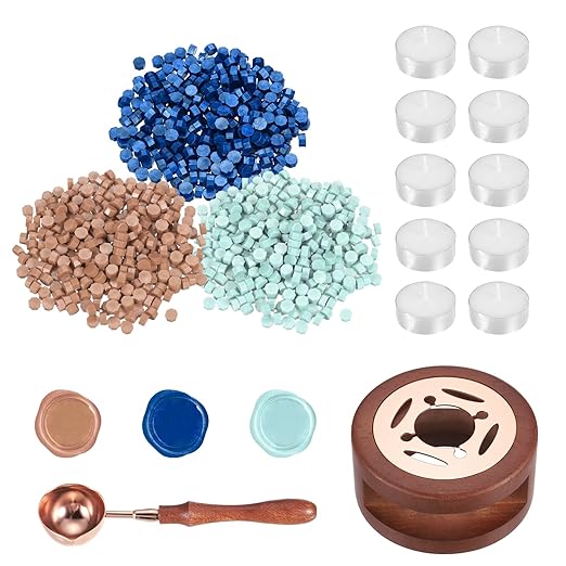 PATIKIL Wax Seal Kit, 300 Pcs Wax Sealing Beads, Wooden Warmer, Melted Spoon, 10 Pcs Tealight Candles for Envelope Letter Mailing Crafts DIY, Sea Blue/Snow Blue/Almond Skin