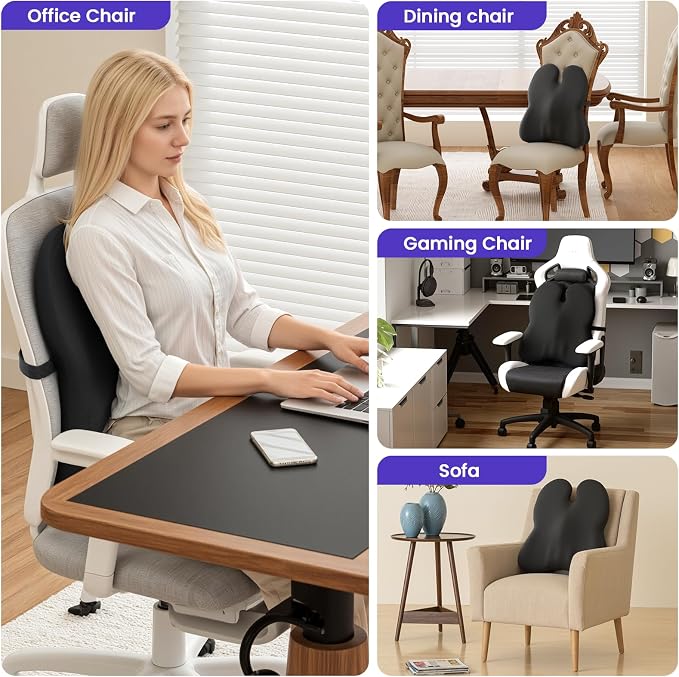 ZZ-WELL Lumbar Support Pillow for Office Chair - Memory Foam Office Chair Back Support - Ergonomic Lumbar & Back Support Pillow with Strap, Machine Washable Cover (Black)