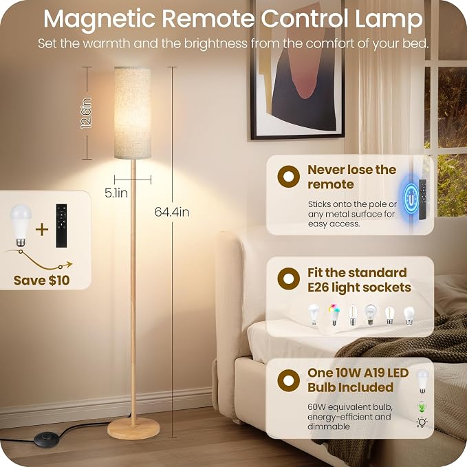 2 Pack Wooden Textured Pole Lamps, Dimmable Floor Lamp for Living Room with Remote and Foot Switch, 64.4” Standing Tall Lamp, Corner Light for Bedroom, Bulb Included, 3000K-6500K, XE06LDP205W1