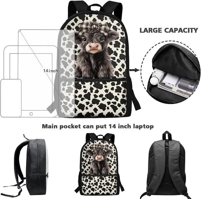 WELLFLYHOM Kids Highland Cow Book Bags for Girls 6 Years Old, 4 Pcs Set | Girls 7-8 Cow Print School Backpack Elementary Dayback Insulated Lunch Box Pencil Case Water Bottle Holder