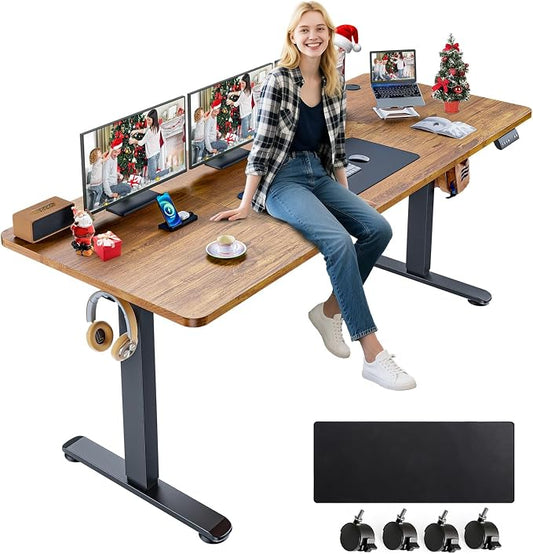 farexon Electric Standing Desk Adjustable Height, 71 x 28 Inch Sit Stand up Desk with Large Mouse Pad, Double Metal Hook,4 Wheels,4 Memory Preset Heights Home Office Computer Desk（Brown）