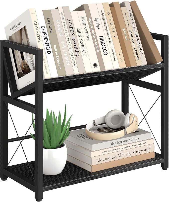 ELITEROO Desktop Bookshelf, 2 Tier Desk Book Organizer Shelf, Wood Tabletop Bookshelf Storage, Small Desk Top Bookcase for Office, Home, or Study, Mini Table Book Rack for Display, Black