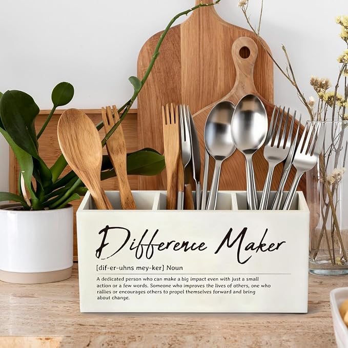 Difference Maker Gift Pen Pencil Utensil Holder | Appreciation Gifts for Coworkers Leaders Teachers, Wood Desk Organizer and Makeup Brush Holder