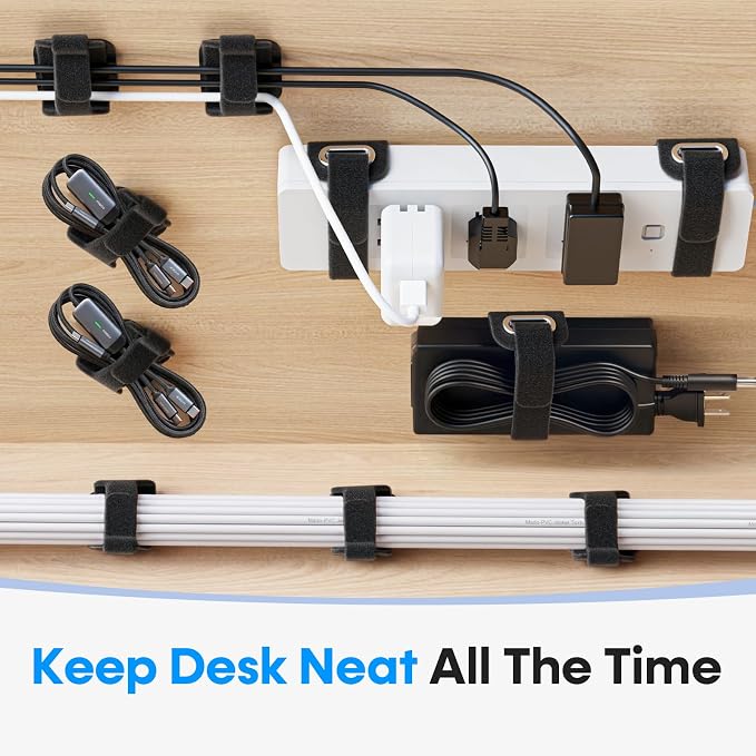 Cable Management Under Desk, Large Bundle Cord+Power Strip Organizer-8 Pair | All Power Strip Compatible, Enhanced Grip Cord Organizer, Reusable Wire Clips Hider, Home Office Essentials