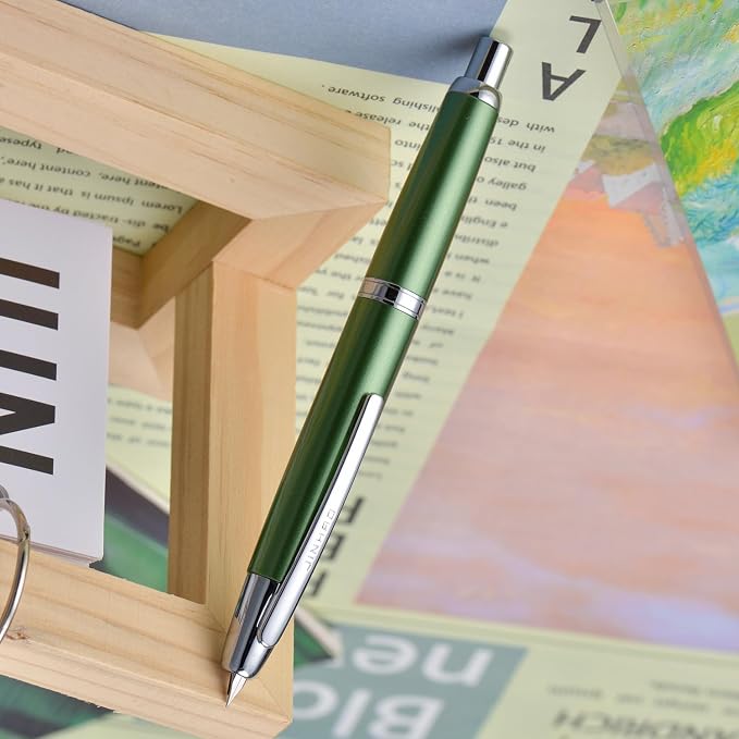 Jinhao 10 Press Fountain Pen with Box, Sea Pine Green Retractable Medium Nib with Ink Converter Set (Silver Clip)