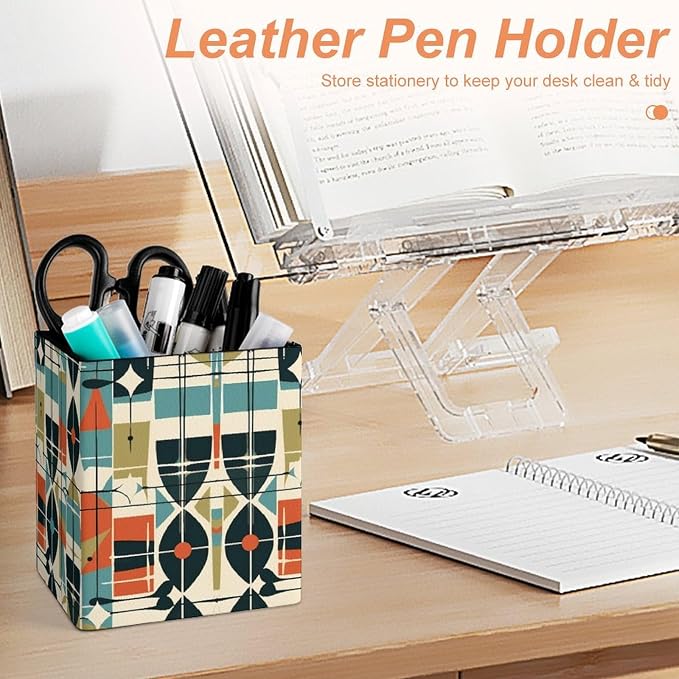Modern Mid Century Pen Holder Office Supplies for Desk Storage | Smooth PU Leather Pencil Cup Case, Square Desk Organizer, for Pen Remote Brush Stationery Office Supplies Daily Essentials