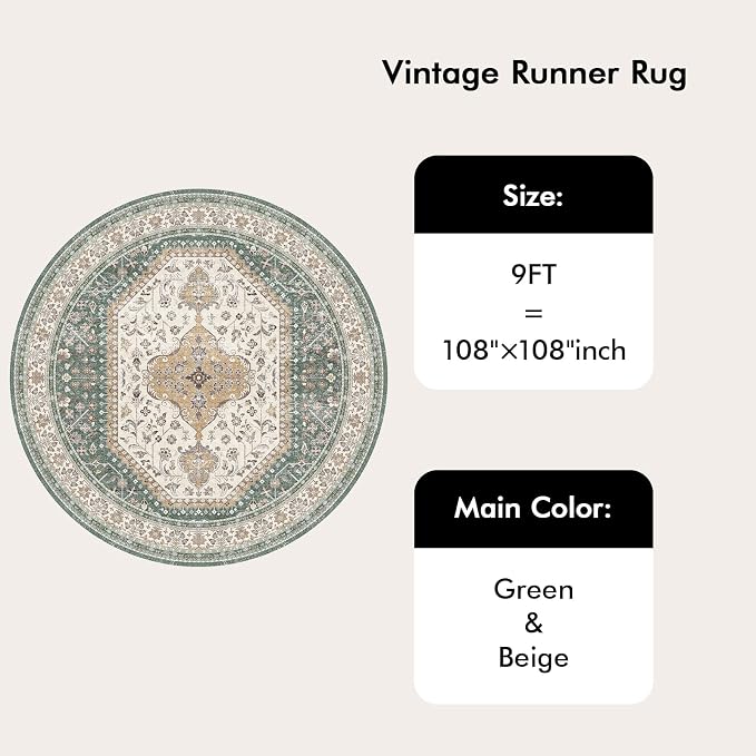 Puino 9FT Round Area Rugs for Living Room: Circle Rugs Machine Washable Oriental Low Pile Soft Non Slip Backing Vintage Indoor Rug for Bedroom Nursery Dining Room Home Office Green/Beige