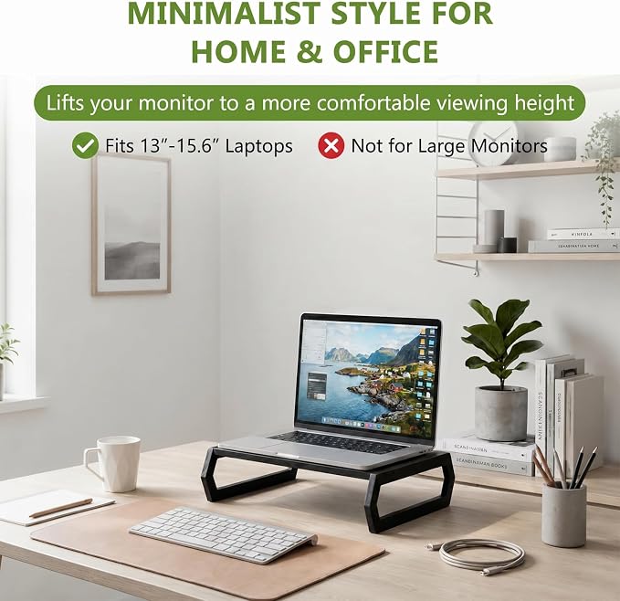 Wenqik Solid Pine Wood Laptop Riser, 14.2" Wooden Laptop Stand for Desk, Monitor Shelf with Keyboard Storage, Minimalist Desktop Organizer for Dorm Room, Home Office, Black(Hexagonal Design)