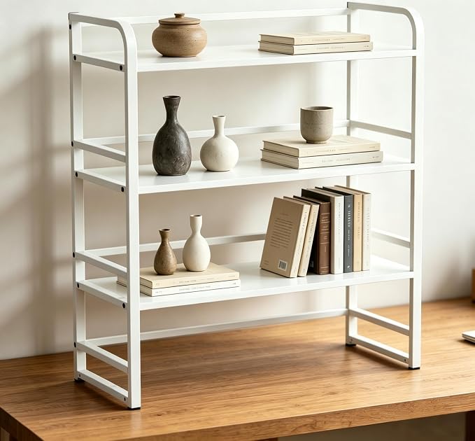 Office Desk Shelf Organizer, Wood Desktop Bookshelf Supplies Storage Rack, Shelf for Top of Desk and Dresser and Cubicle Decor Aesthetic Bookshelf (White White, Three Tier, 11.81Lx7.87Wx22.05H)