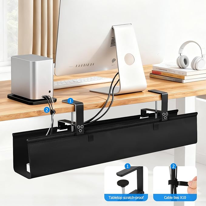 Under Desk Cable Management Tray - Heavy Duty No-Drill Clamp & Screw Mount, 28-Inch Cord Organizer for Home Office, Gaming Setup & Study Room, Holds Power Strip & Large Adapters (Black, 28"L x 5.5"W)