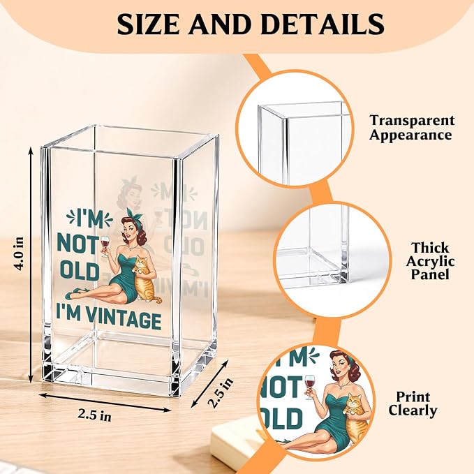 YAZMEEN Vintage Gift Acrylic Pen Holder - I'm Not Old, I'm Vintage Desk Organizer - Office & Home Desk Accessories - Birthday Gift for Women, Mom, Grandma, Friends