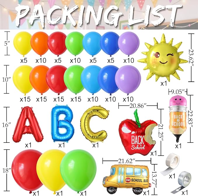 Welcome Back To School Balloon Arch Kit,158Pcs Rainbow Balloon Garland with Sun,Apple,School Bus,Pencil,ABC Foil Balloons for Kindergarten Graduation First Day of School Classroom Party Decorations