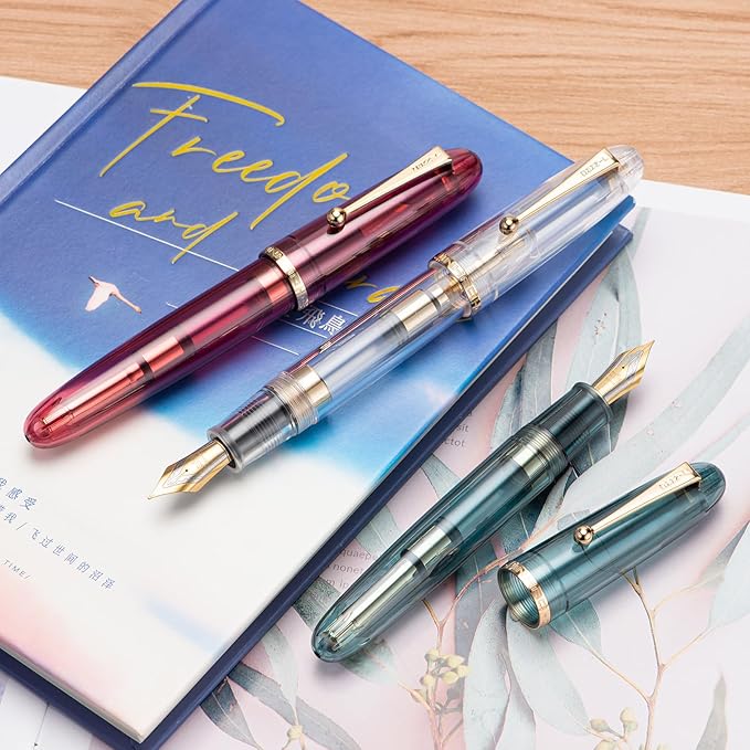 Jinhao 9019 DaDao Series Fountain Pen, Size 8 Extra Fine Nib with Large Ink Converter, Transparent Light Blue Acrylic Design Smooth Writing Pen (Gold Trim)