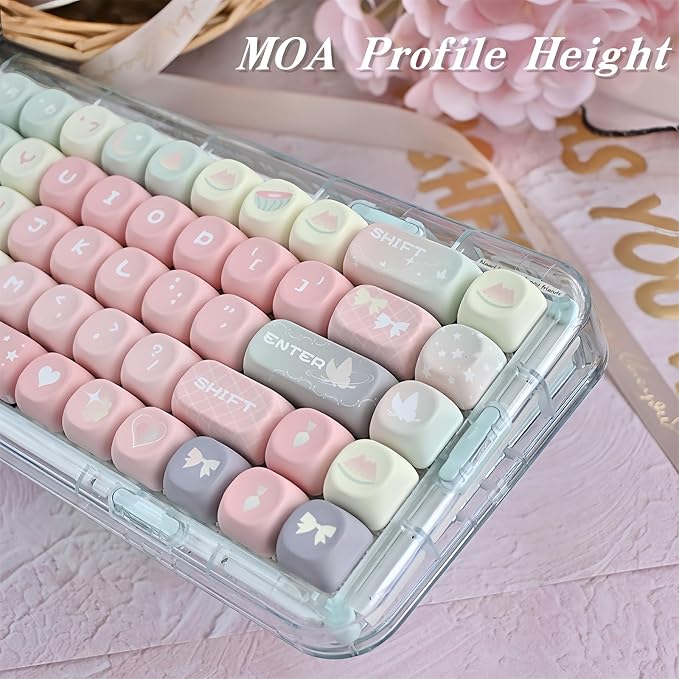 Cute MOA Keycaps,Gradient Pink Kawaii Round Keycaps Custom 133 Keys Keycap Set Thick PBT Keycap for Cherry MX Switch 75% 60% Mechanical Gaming Keyboard Creamy Watermelon Key Cap