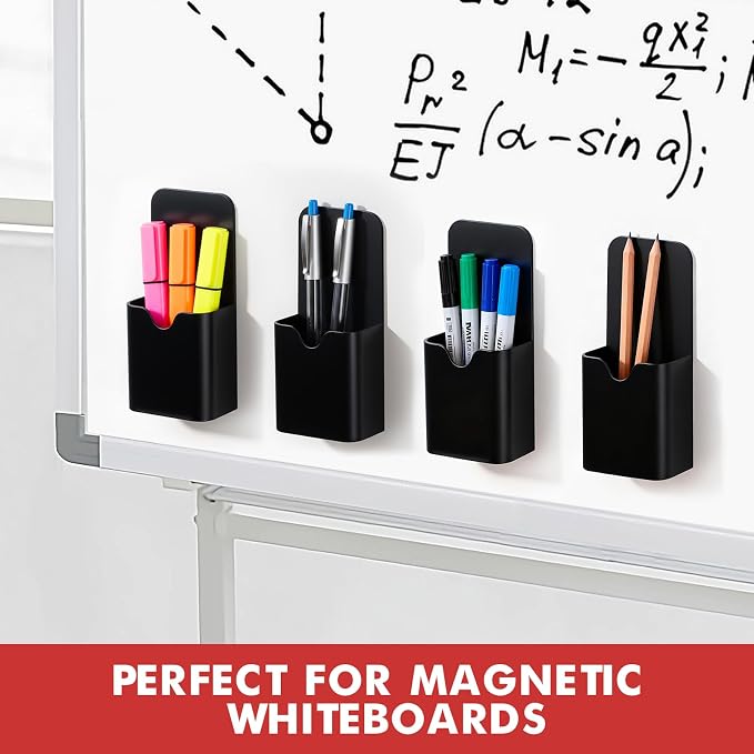 BEYGORM 4 Pack Magnetic Pen Holder for Whiteboard, Upgraded 1.5 mm Pencil Cup Organizer for Dry Erase Markers, Ideal Classroom, Office, Refrigerator, Locker(Black)