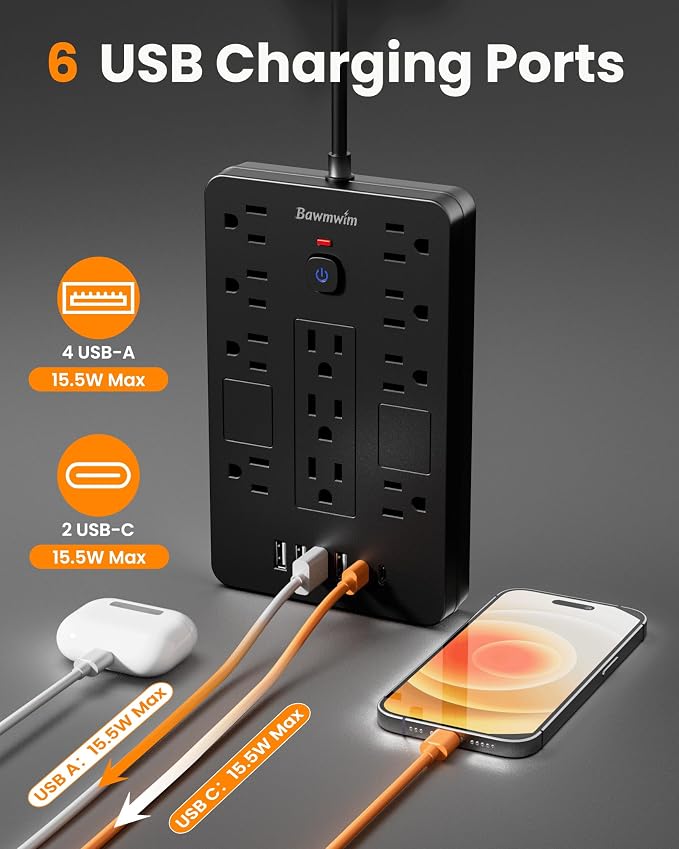 Surge Protector Power Strip - 8 Outlets(1850W/15A/14AWG) with 6 USB Ports（2 USB C, 6FT Flat Plug Extension Cord, Wall Mount Multi Plug Outlet Extender, ETL Listed for Home, Dorm Room, Black
