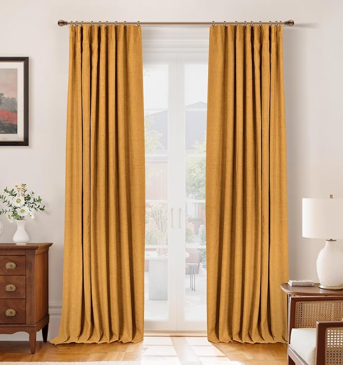 INOVADAY 100% Blackout Curtains for Bedroom, Black Out Curtains 108 Inch Long, Clip Rings Linen Blackout Drapes, Thermal Insulated Room Darkening for Living Room, 2 Panels - Mustard Yellow,W50xL108