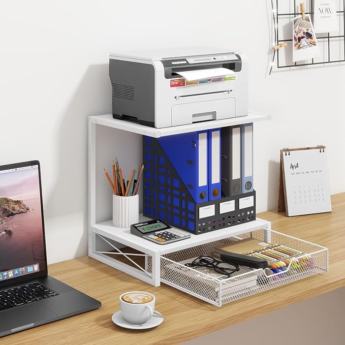 ELITEROO Printer Stand for Desk with Storage Drawer, 2 Tier Desk Shelf | Wood Desktop Organizer for Home Office, Fits 3D Printer, Scanner, Fax Machine, Books, White